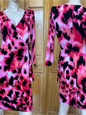 Cache Y2K Pink Black Wrap Dress Bodycon Long Sleeve Size S #161